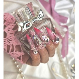  0918 Pink Glass Nail Nail Queen Handmade Nail Tips ✨ - Long Round /  0918핑크글라스네일네일퀸 수제네일팁 ✨ - 롱라운드