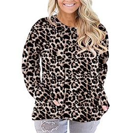 PLOKNRD Pocket Shirts for Women Plus Size Casual Loose Long Sleeve Fit Tunic Top Baggy Comfy Blouse Spotted Pattern Leopard 1X