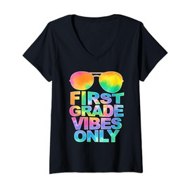 Womens First Grade Vibes Only Sunglasses Back To School Tie Dye V-Neck T-Shirt