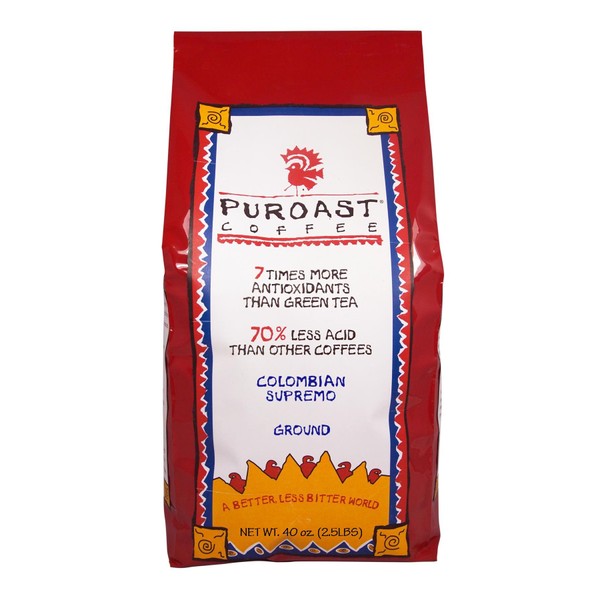 Puroast Low Acid Ground Coffee, Columbian Supremo, High Antioxidant, 2.5 Pound Bag