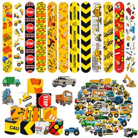 MORAINJAY 36Pcs Construction Vehicles Slap Bracelets and 50Pcs Stickers,Slap Bands for Party Bag Fillers,Kids Birthday Party Favors,Goodie Candy Bag Stuffers for Girls Boys Party Suppplies