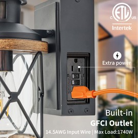 Dusk to Dawn Motion Sensor Outdoor Porch Light with GFCI Outlet,3 Lighting Modes Anti-Rust Waterproof Industrial Outdoor Lantern,UL ETL Listed,Exterior Work Lights Rustic Wood-Like Finish Wall Light