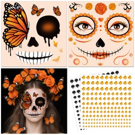 HOWAF Day of the Dead Face Tattoos, Orange Dia De Los Muertos Face Tattoo 2 Marigold Flowers Butterfly Face Temporary Tattoos with 2 Sheets Jewels Sticker for Dia De Los Muertos Costume Accessories