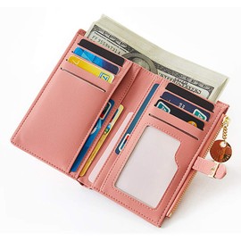 Women's RFID Blocking Short Purse PU Leather Medium Clutch Wallet Bifold Card Coin Holder Organizer Small Lady Purse (Pink)