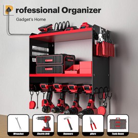 Spampur Power Tool Organizer Wall Mount with Charging Station, Tool Battery Holder with 4 Outlet Power Strip, 15 Min Assembly & Maximum 100lb Load by Heavy Duty Metal, 4 Slots for Cordless Drill