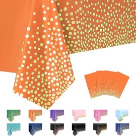 MORAINJAY 4Pcs Orange and Gold Dot Party Tablecloth,137x274cm Rectangle Table Cloth,Waterproof Plastic Confetti Table Cover for Outdoor Picnic,Wedding, Birthday,Christmas Table Decorations