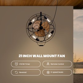 CROSSIO 21 Inch Wall Mount Fan, 6 Speed Wall Mount Fan with Remote,Ceiling Fans with Plug in Cord for Living Room,Living Room,Warehouse, Patio