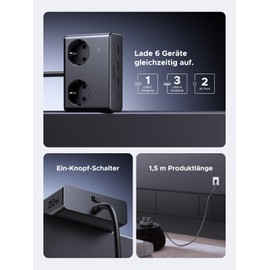 UGREEN Steckdosenleiste mit 4 USB,UGREEN Nexode 6-in-1 Mehrfachsteckdose, 20W USB C Schnellladung, berspannungsschutz, 3680W Mehrfachstecker mit 1,4m Verl?ngerungskabel,Steckdosenturm fr Zuhause,Bro