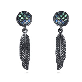 YAFEINI Feather Drop Earrings 925 Sterling Silver Abalone Shell Black Dangle Earrings Boho Jewelry Gifts for Women Men Punk Statement Accessories
