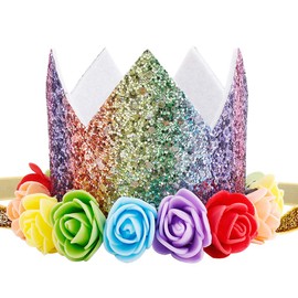 Maticr Baby Girl Glitter 1 2 3 First Birthday Rainbow Flower Crown Hat Floral Tiara Headband for Photo Prop (No Number)