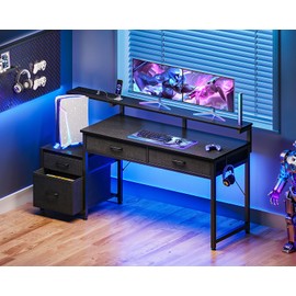 AODK Computer Desk with 4 Drawers, 55 Inch Gaming Desk with Power Outlet, Office Desk with Monitor Shelf, Work Desk Table for Home Office, Black