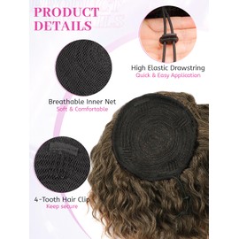 Isaic Ponytail Extension 12 Inch Long Wavy Curly Ponytails Drawstring Ponytail for Black Women Ombre Light Brown Pony Tails Hair Extensions Synthetic Hairpiece for Daily Use