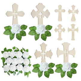 Pack of 12 Wooden Cross Catholic with White Roses Artificial Flowers, Wooden Crosses for Crafts, Communion Decoration, Wooden Cross Christening, Standing Cross with Base, Wooden Cross for Christening,