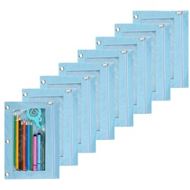 Zippered Pen Pencil Binder Pouch 3 Rings with Clear Window for School Classroom Organizers 8 Pcs (Light Blue)