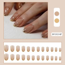 24Pcs Gold French Tip Press on Nails Short Almond Fake Designs Nude Pink Full Cover Stick on Artificial Glossy Glue on French False for Women Girls DIY Acrylic