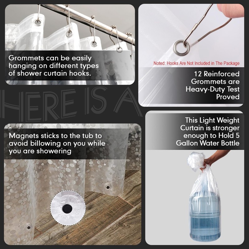 Hereisa 3D Pebble Shower Curtain Liner (NO Hooks, Extra Long