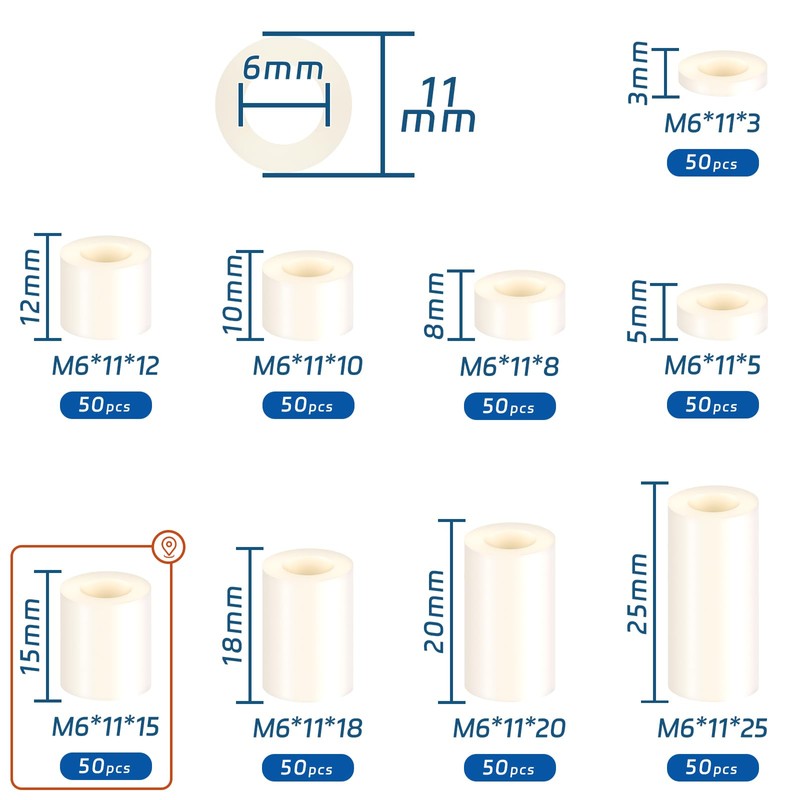SWTYExt Plastic Spacer Sleeves M6 Round Spacers Pack of 50