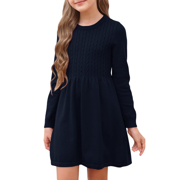 Fommykin Vestido de suéter para niñas con cuello redondo y manga larga, lindo vestido de otoño e invierno para niños de 4 a 14 años, Azul marino, 12-14 años