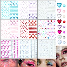 1398 PCS Heart Rhinestones Face Self-Adhesive Acrylic Heart Gems Stickers Flat-Back Heart Pearl Crystal for Body Eye Makeup for Wedding Valentine's Day DIY Crafts, 9 Sheets
