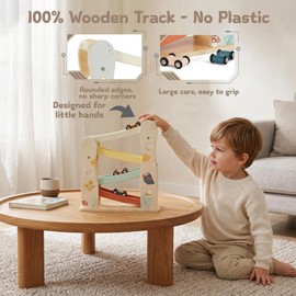 Freniland Wooden Car Ramp Toy with 4 Mini Cars, Montessori Toddler Toys for 1 Year Old Boys Girls, Wooden Race Track Set, Car Toys for Toddlers 1-3, First Birthday, Age 18+ Months