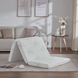 SINWEEK Foam Folding Mattress with Storage Bag, 4 Inch Foldable Mattress Trifold Mattress Topper, CertiPUR-US Certified Floor Mattress Guest Bed with Bamboo Cover &Waterproof Lining