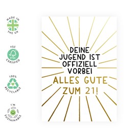 Central 23 Lustige 21. Geburtstagskarte für Männer – DEINE JUGEND IST OFFIZIELL VORBEI – Humorvolle Geburtstagskarte für Ihn – 21 geburtstag geschenk – Alterswitz – mit Aufkleber