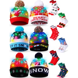 JaGely 12 Pcs Christmas LED Hat Light up Xmas Beanie Knit Cap Christmas Socks Holiday Socks Winter Snow Hat(Vivid Style)
