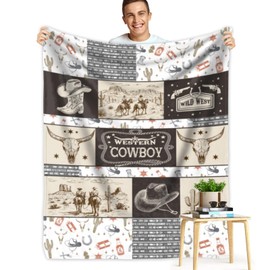 Western Cowboy Throw Blanket Farmhouse Wild West Blanket Soft Warm Cozy Fuzzy Flannel Cow Longhorn Horse Print Throw Blanket for Kids Adults Sofa Couch Bed Travel Camping All Season 40"x60"