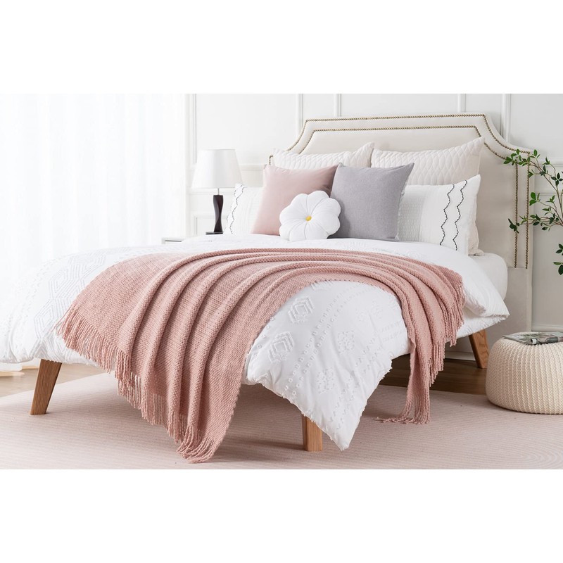 BATTILO HOME Pink Knitted Throw Blanket Textured Solid Sofa Couch