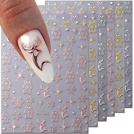 6 Sheets 3D Christmas Nail Stickers Christmas Nail Decals Rose Gold Silver Elk Snowflake Nail Art Stickers Xmas New Year Holiday Nail Stickers for Women Nail Designs Nail Decor Winter Nail Supplies