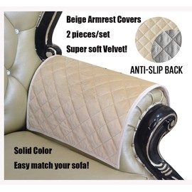 ZUODU Beige Square Check Jacquard Armrest Cover for Chair Couch Sofa Anti-Slip Furniture Protector Anti Slip Furniture Armrest Protector for Couch Set of 2(Check Beige Velvet)