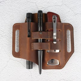 Kosibate EDC Leather Sheath, Multitool Sheath Belt Organizer Pocket for Knife/Flashlight/Tactical Pen/Tools(Brown)