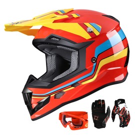 GLX GX623 DOT Kids Youth ATV Off-Road Dirt Bike Motocross MX Motorcycle Full Face Helmet Combo Gloves Goggles for Boys & Girls (Retro Red, Large)