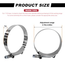 JUSTTOP 2PCS 3.5 Inch T-Bolt Hose Clamp, Adjustable 95-103mm Clamp Range for 3.5" Hose ID, Stainless Steel Heavy Duty Pipe Clamps for Turbo Intake Intercooler, Car Accessories