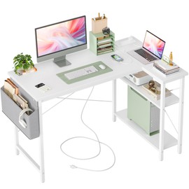 TIQLAB L Shaped Computer Desk with Power Outlets, 47 Inch Small Corner Desk with Reversible Shelves, Gaming Desk Computer Table Study Writing Desk for Home Office Small Space, White
