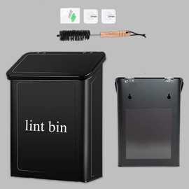 Magnetic Lint Bin with Lint Brush, two white hooks, one black back hook & all accessories for Laundry Room decor, Wall-Mounted Lint Bin with Lid, Black Powder Coated, Space-Saving Trash Can (Black)