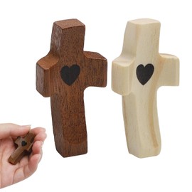 DAWRIS Pack of 4 Carved Wooden Crosses, Worry Stone Cross, Small Hand Carved Wooden Love Cross with Hearts, Wooden Cross in Heart Shape Thumb Cross for Stress Relief, Prayer, Prayer, Christening