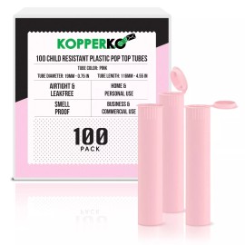 Kopperko 116mm Plastic Pop Top Tubes - Child Resistant, Pink, 100 Pack