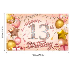 Pinenuts Happy 13th Birthday Banner Rose Gold Birthday Party Decorations Backdrop, Birthday Sign Poster Birthday Photo Background Fabric Banner for Girls Women, 110 x 180 cm( 13th)