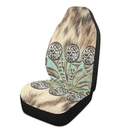 LONSANT Western Car Seat Covers Set of 2,Rustic Brown Beige Teal Western Country Cowboy Tooled Leather Universal Auto Front Seat Cushion Protector for Women Men Cool Car Accessories Fit for Car Truck