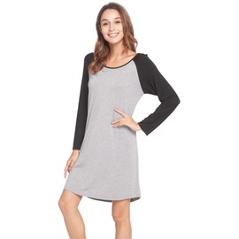LazyCozy Womens Long Sleeve Nightgowns Viscose from Bamboo Sleepwear Soft Nightshirt Lightweight Sleep Dress, Heather Grey/Black, Large