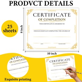25 PCS Certificate of Completion, Gold Course Completion Award Certificate Diploma Paper for Graduation School Students Teachers Employees, Certificate of Appreciation Recognition,8x10 Inch