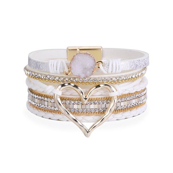 LSxAB Heart White Multilayer Leather Wrap Bracelets for Women Handmade