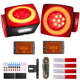 Justech Submersible LED Trailer Light Kit Square Boat Trailer Lights+2 Side Markers with 26FT Wiring Harness Reflective Stickers Combined Stop Turn Tail License Lights for Boat Trailer 12V