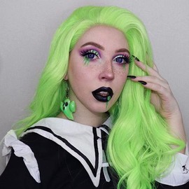 AFBeauty Neon Green Synthetic Lace Front Wig Long Body Wavy Fluorescent Green Side Part Wig Heat Resistant Fibre Soft Wigs for Women Cosplay