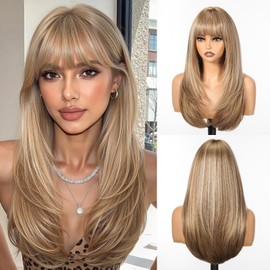 Ombre Brown Mixed Gray Wigs for Women Long Straight Wigs With Bangs Cosplay Wigs Natural Looking Synthetic Wig Heat Resistant Layered Cosplay Wigs Daily Use 22 IN