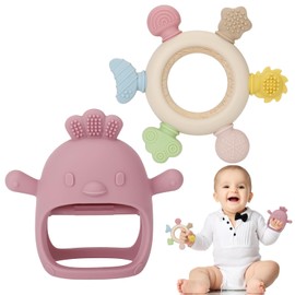 Socub 2 Pack Baby Teething Toys for Babies 0-6 Months, Silicone Teething Mitten and Wooden Ring Toy for Babies 6-12 Months, No Drop Teether Mitten and Ring Teether for Teething Relief(Dark Pink)