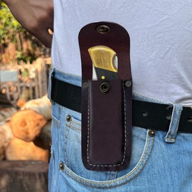 LEATHUX Leather Knife Sheath for Belt, Handmade 5.5” Folding Knife Holster, Compatible with Buck 110 & 112, Pocket Knife Holder, Brown