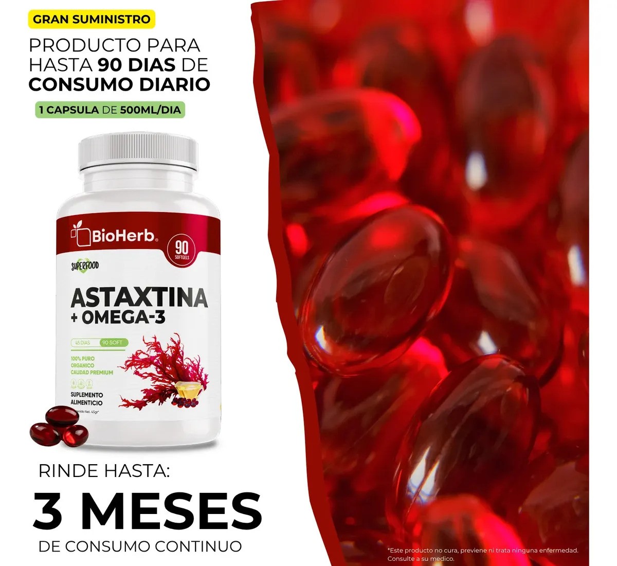 BioHerb  Astaxantina 12mg  Omega 3 EPA y DHA  Fórmula Premium de Alta Concentración  90 Cápsulas de 1000 mg  Ácidos Grasos Naturales  Suplemento