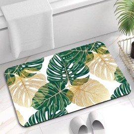 velumair Golden Green Palm Leaves Bath Mats for Bathroom Non-Slip Summer Tropical Bathroom Rugs 16"x24"